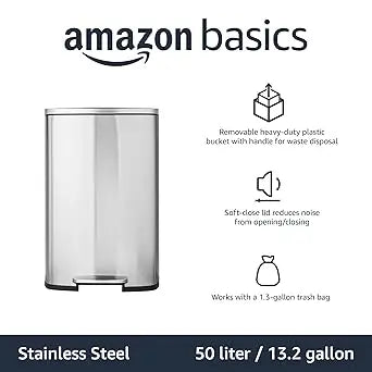 50L stainless steel trash can, smudge-resistant with soft-close pedal; 16.7x14.7x25.9 inches, satin nickel finish