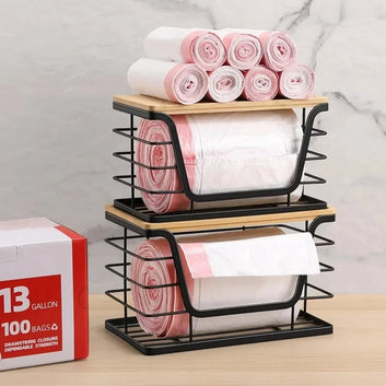 2 Pack Stackable Kitchen and Laundry Organizers with Bamboo Top, Wall Mount Large Trash Bag Holder for Standard Garbage