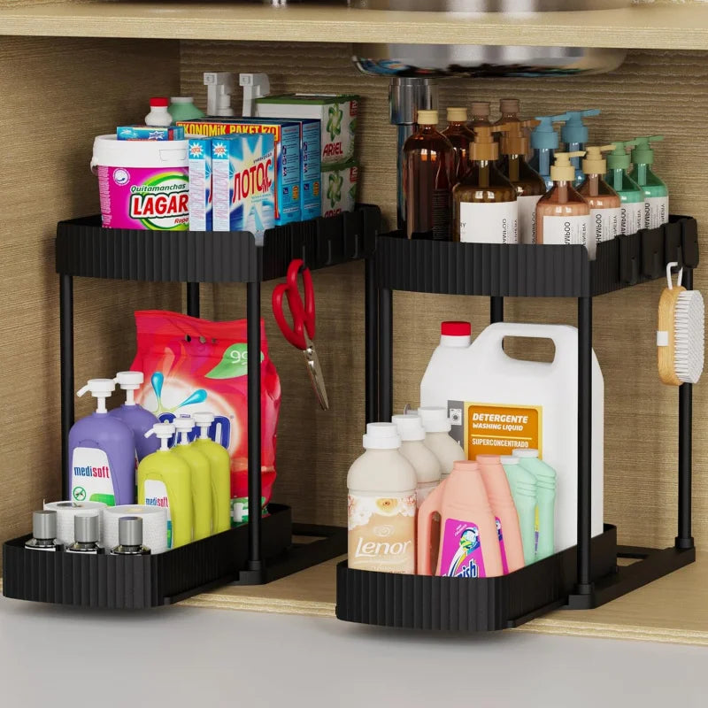 2 Pack Under Sliding Cabinet Basket Organizer Drawer with 8 Hooks, Multi-Purpose Under Sink Storage for Bathroom Kitchen Desktop