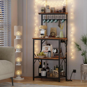 Kitchen Bakers Rack with Power Outlet, Microwave Oven Stand with Storage 4 Tiers, Coffee Bar Table with 6 S Hooks, Kitchen