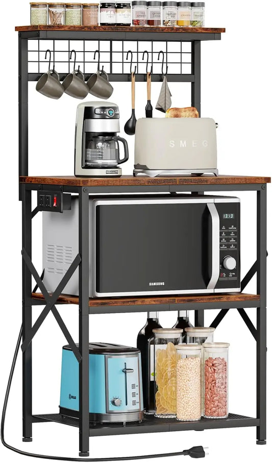 Kitchen Bakers Rack with Power Outlet, Microwave Oven Stand with Storage 4 Tiers, Coffee Bar Table with 6 S Hooks, Kitchen