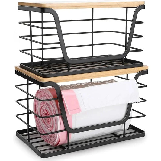2 Pack Stackable Kitchen and Laundry Organizers with Bamboo Top, Wall Mount Large Trash Bag Holder for Standard Garbage