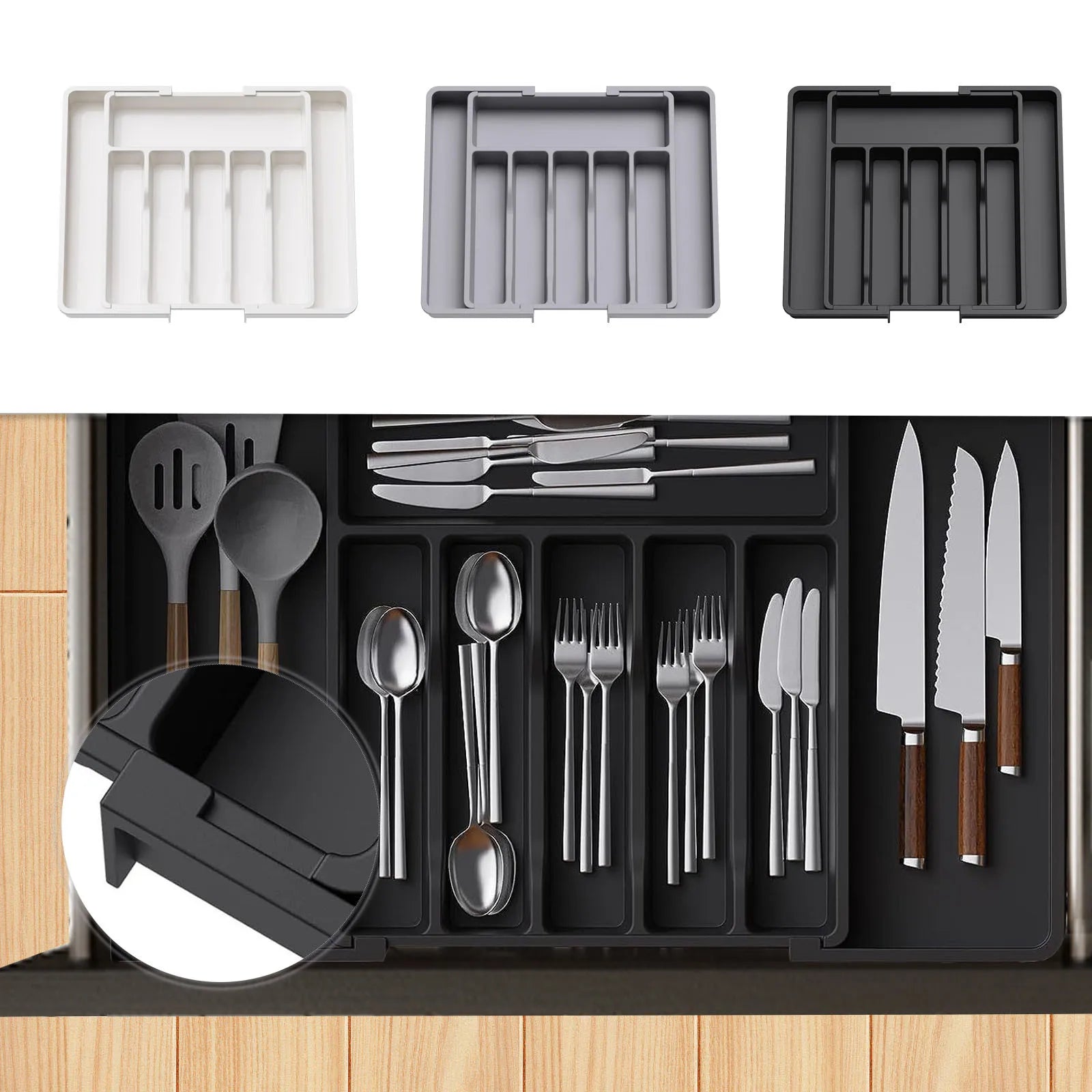 Silverware Drawer Organizer Expandable Utensil Tray For Kitchen Adjustable Flatware And Cutlery Holder Black Cutlery Organiser