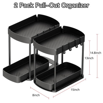 2 Pack Under Sliding Cabinet Basket Organizer Drawer with 8 Hooks, Multi-Purpose Under Sink Storage for Bathroom Kitchen Desktop